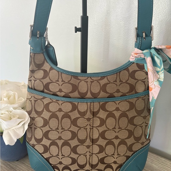 Coach Hampton Signature Jacquard Brown and Teal Hobo Bag - Picture 5 of 12
